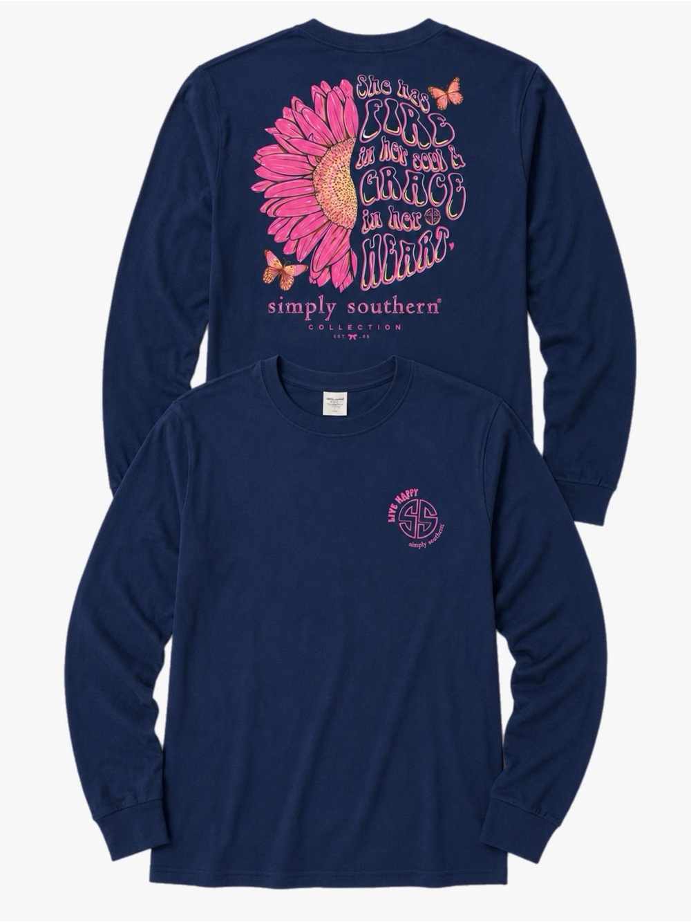 Simply Southern Live Happy Navy Floral Butterfly Long Sleeve Tee XL